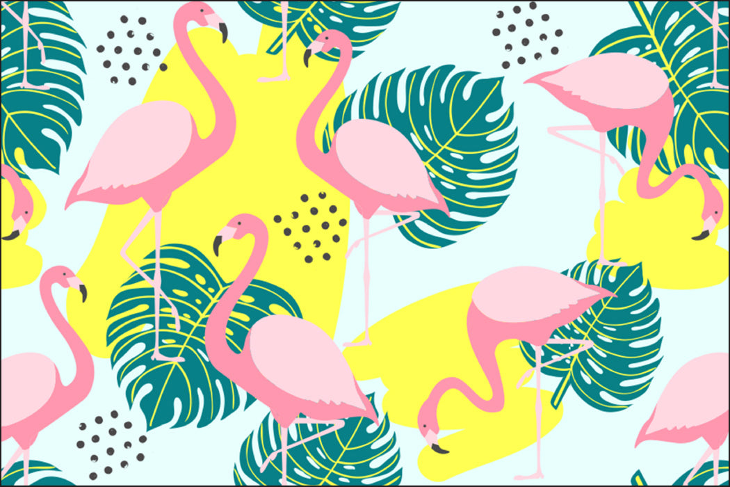 Fototapet Blader Og Flamingoer
