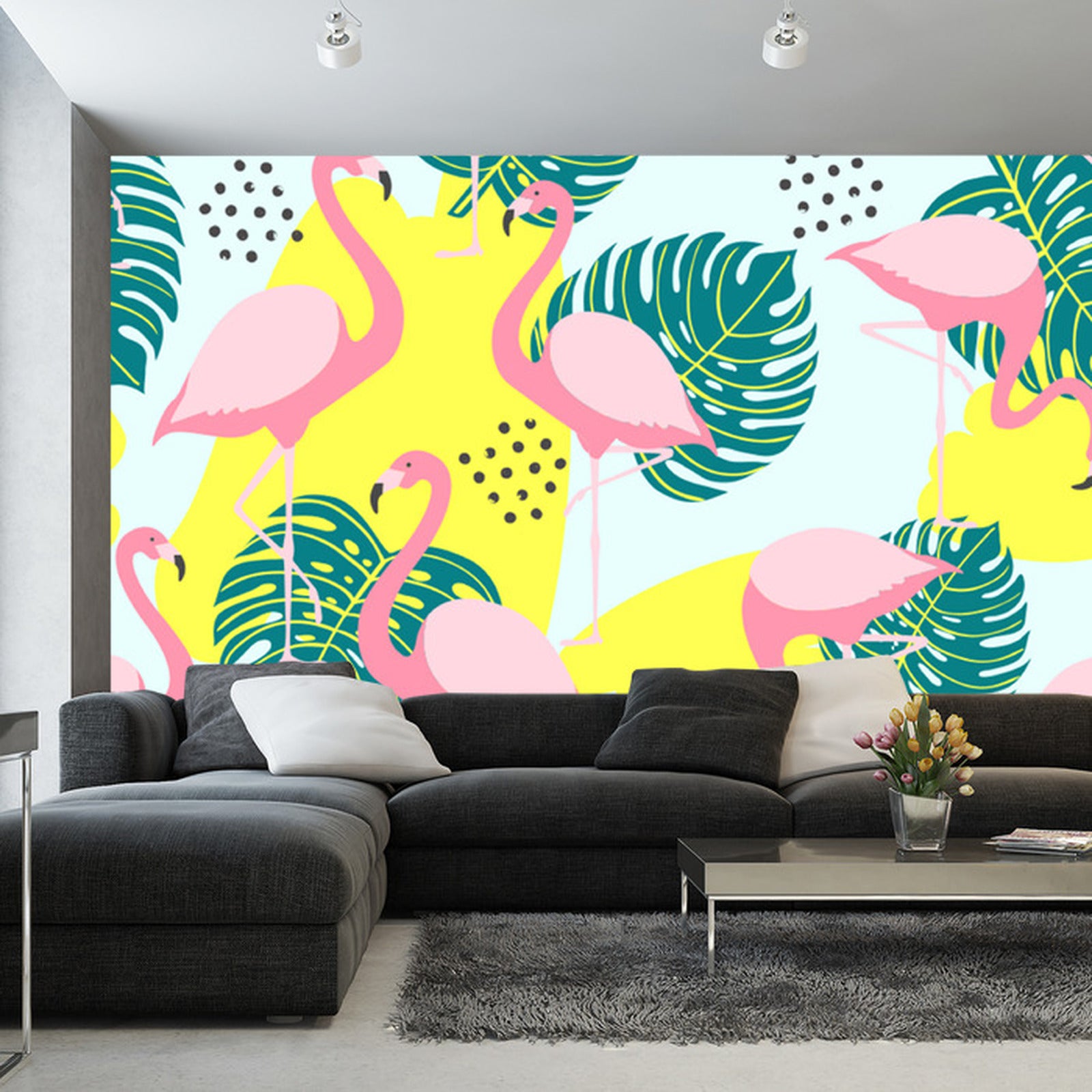 Fototapet Blader Og Flamingoer