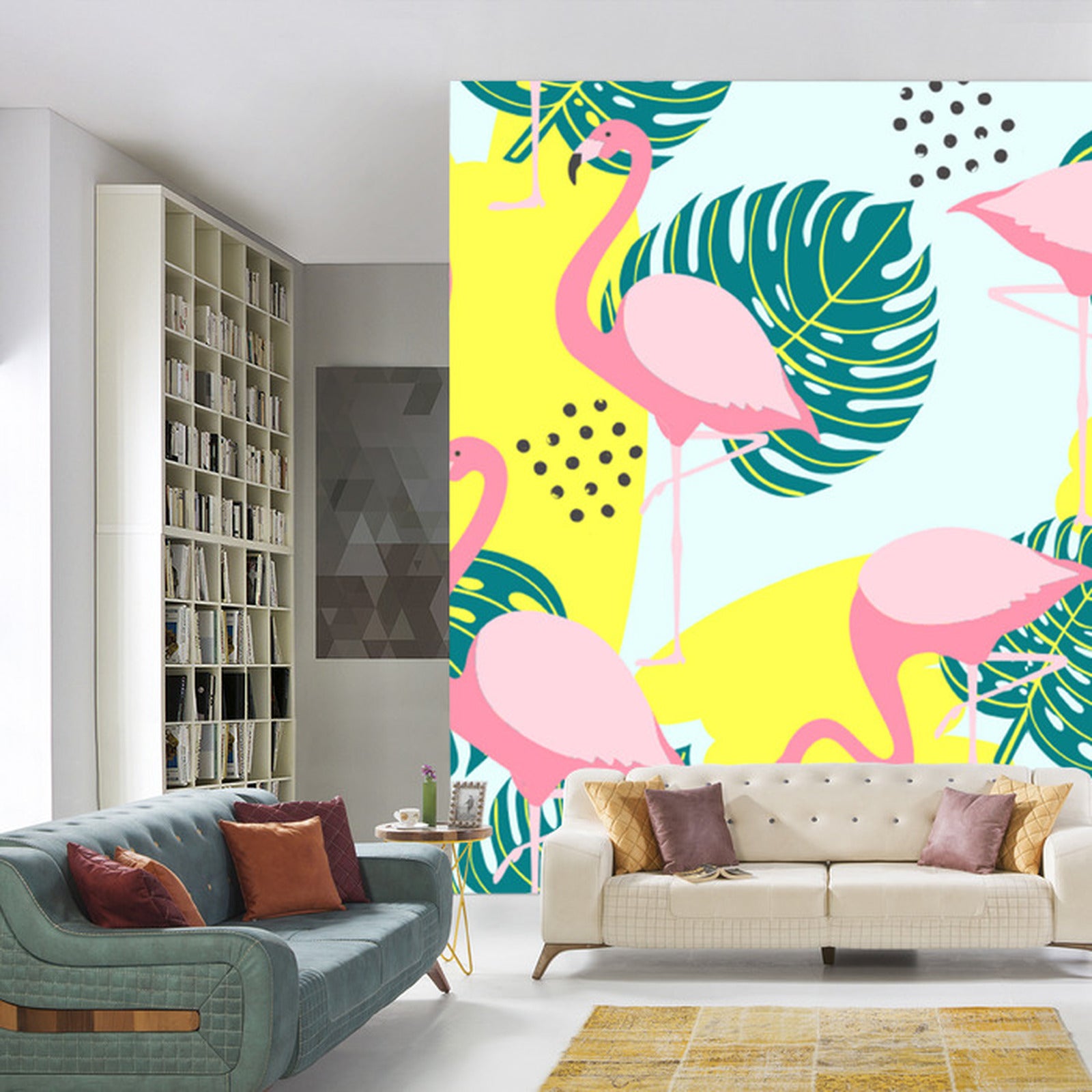 Fototapet Blader Og Flamingoer
