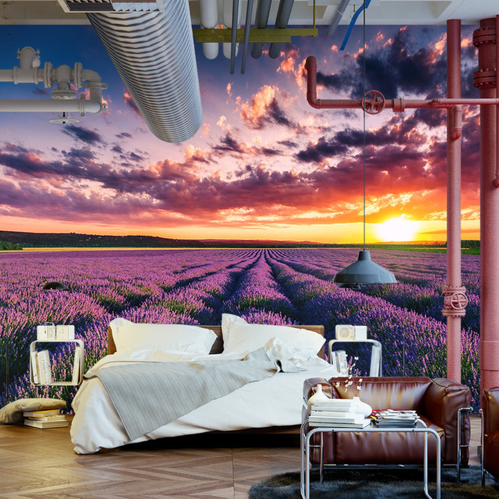 Fototapet blomsterslette solnedgang