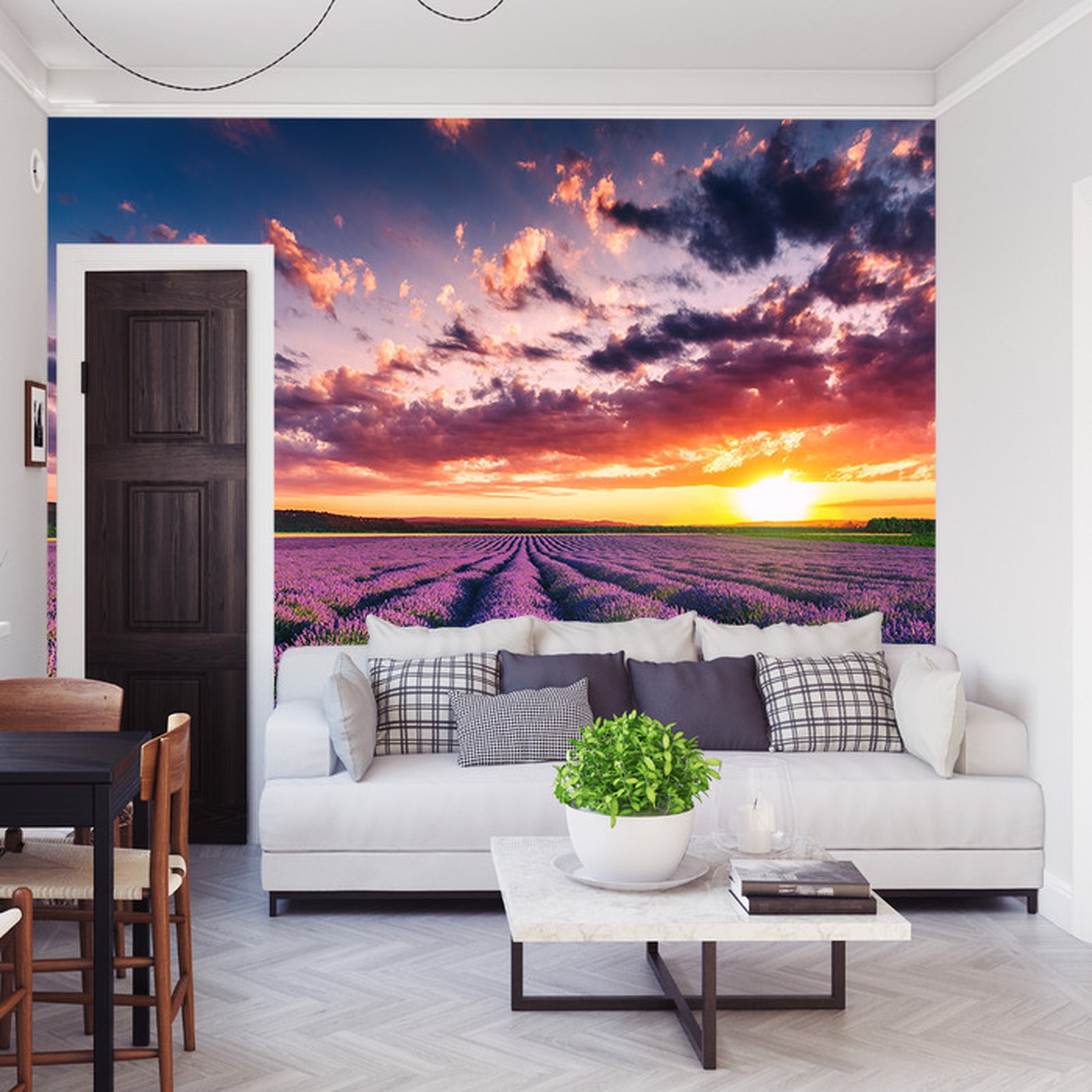 Fototapet blomsterslette solnedgang