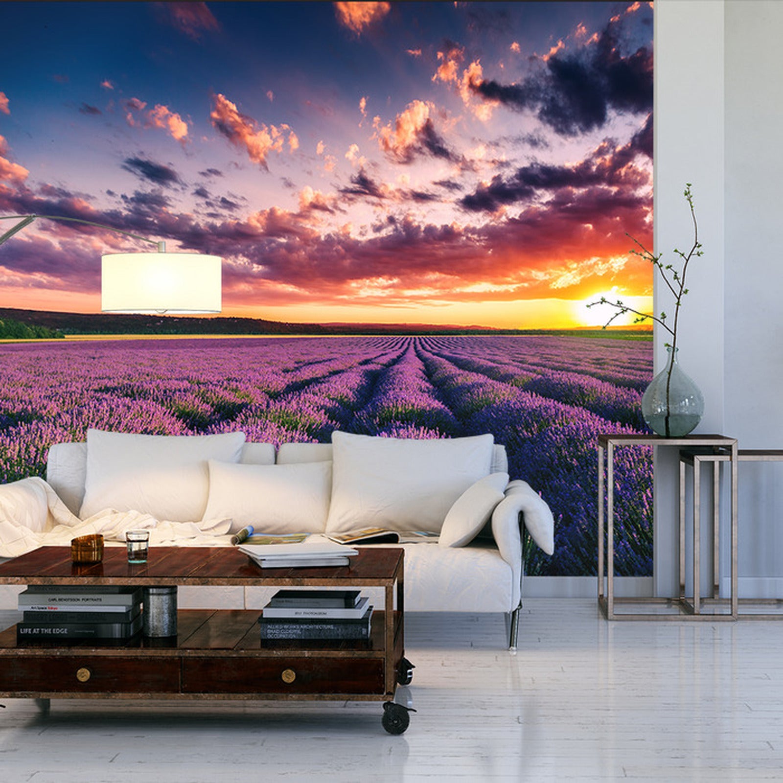 Fototapet blomsterslette solnedgang