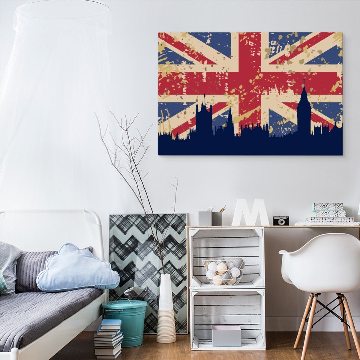 Flagget til storbritannia med silhuett av london