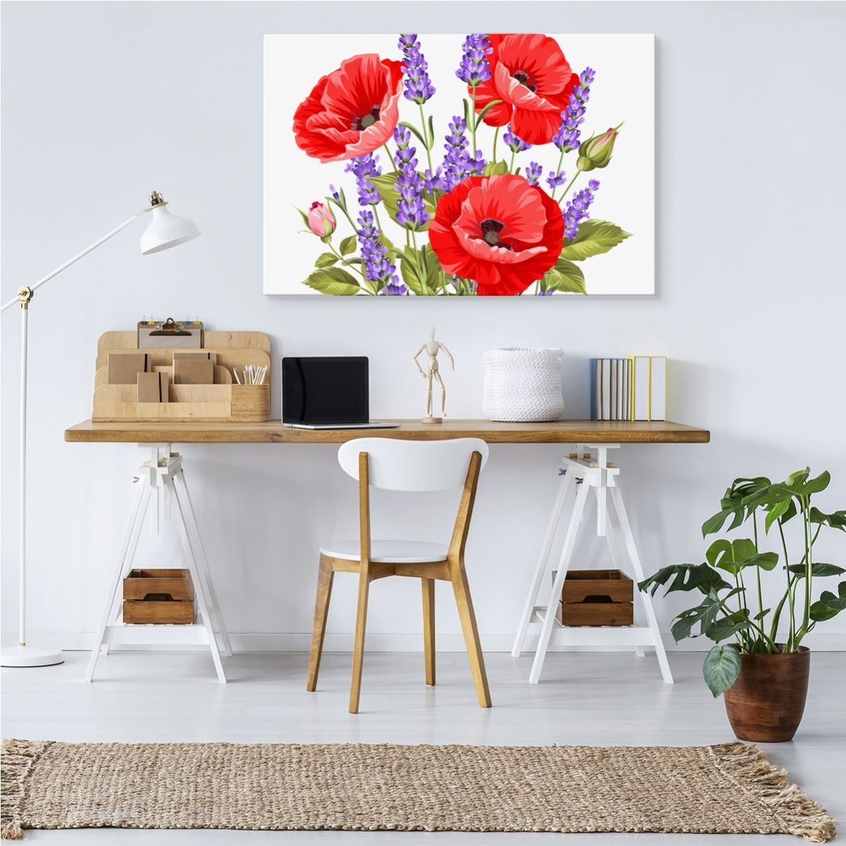 Bukett med valmuer og lavendel