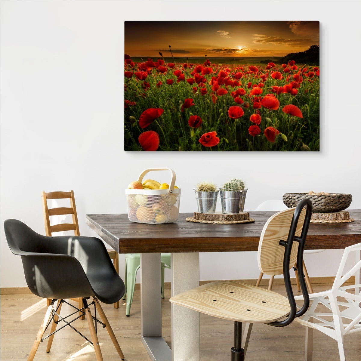 Felt med valmuer ved solnedgang 3d