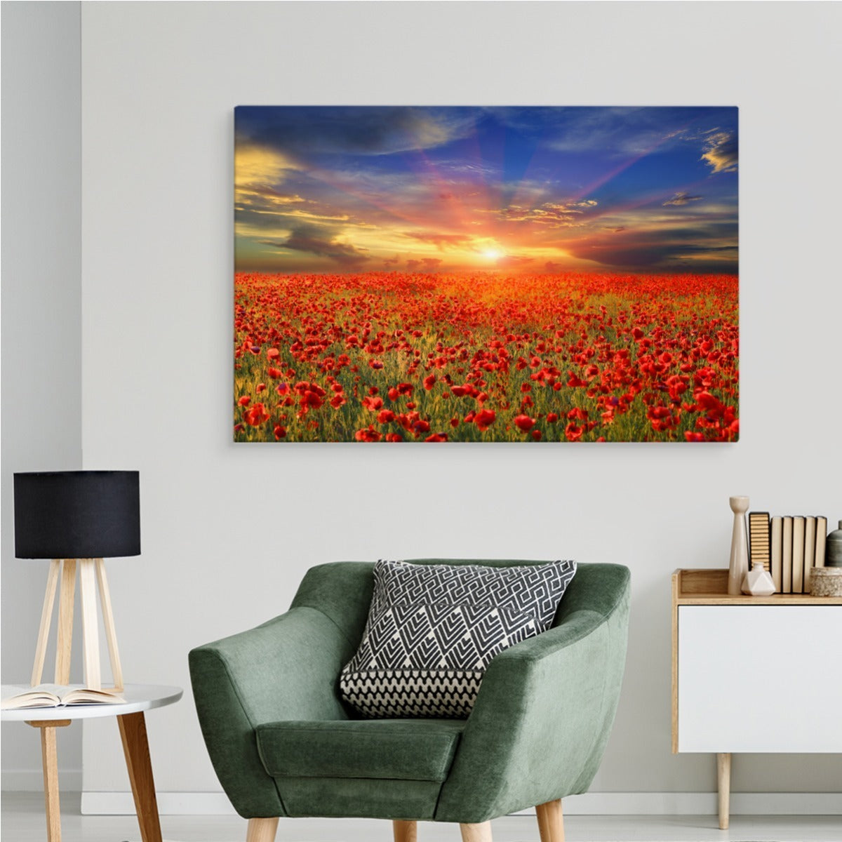 Solnedgang over et felt med valmuer 3d