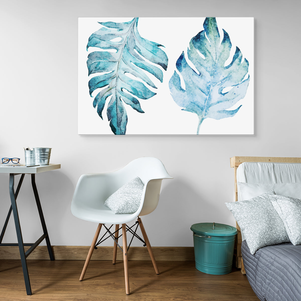 Blå monstera-blader malt med akvarell