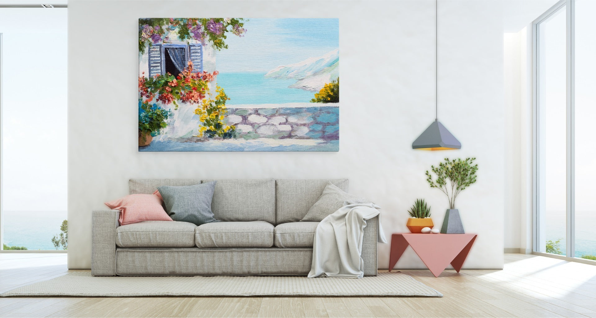 Hav med hus og blomster