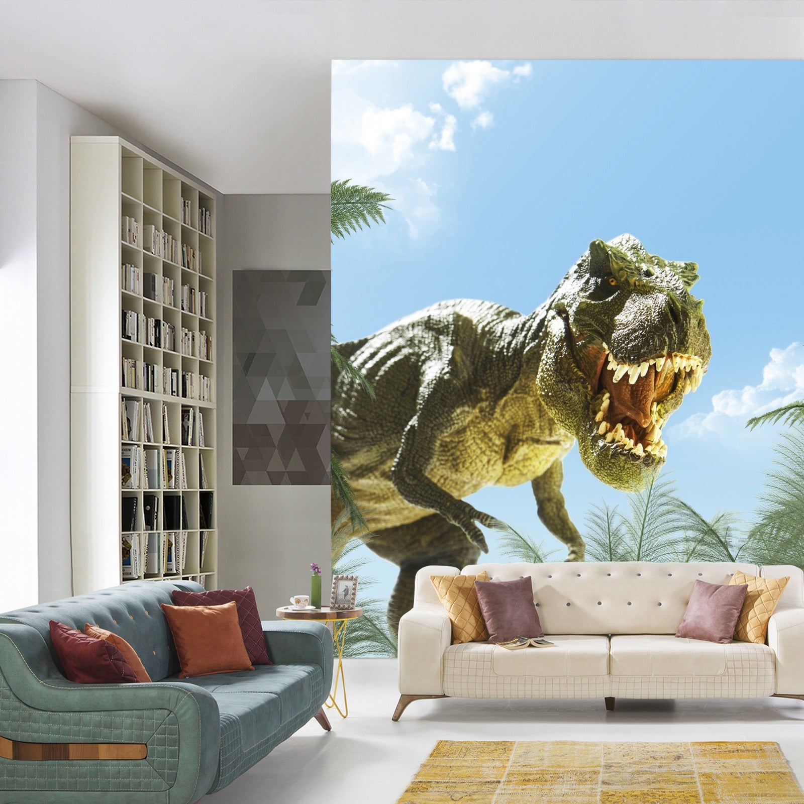 Fototapet Stor T-Rex Dinosaur And The Palm