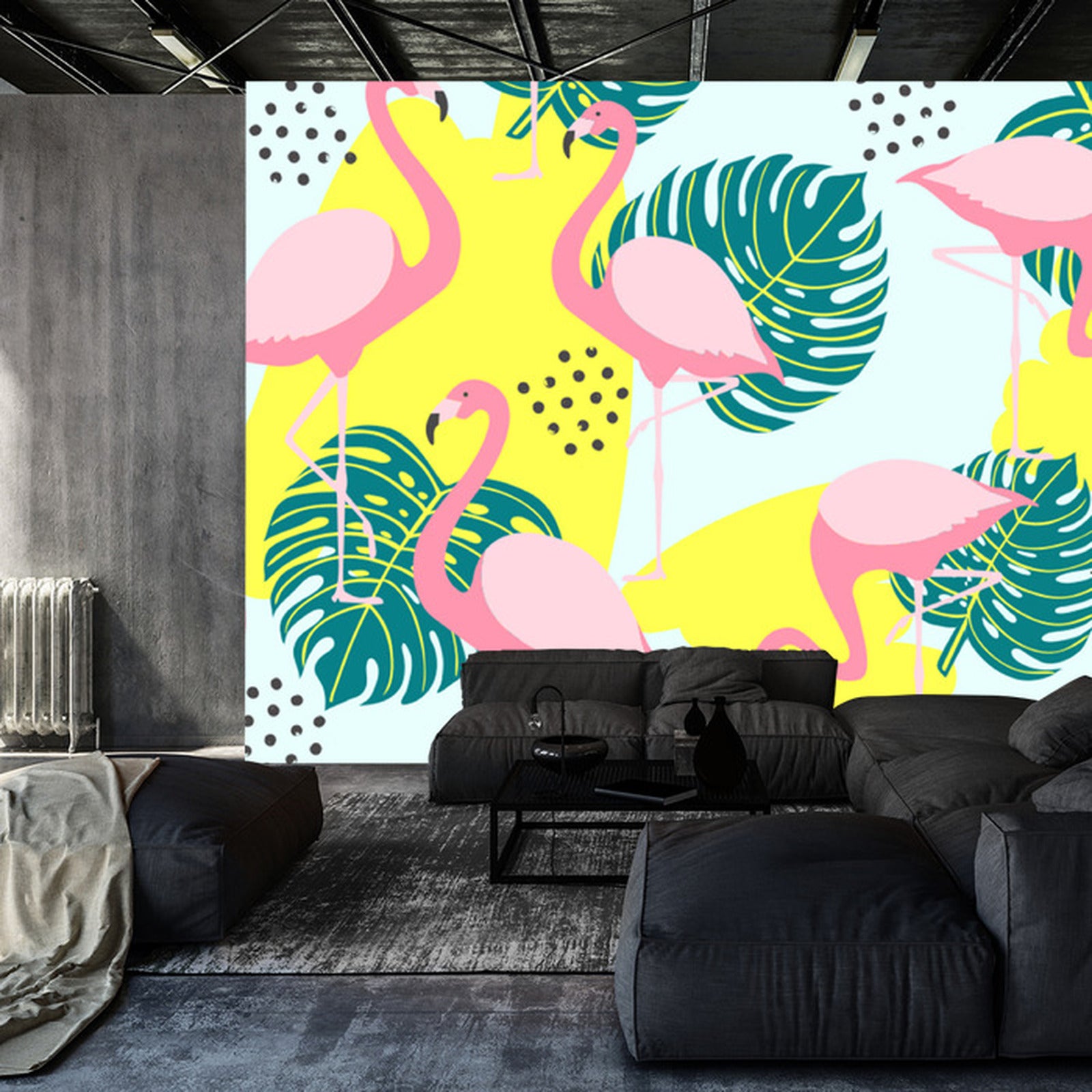 Fototapet Blader Og Flamingoer