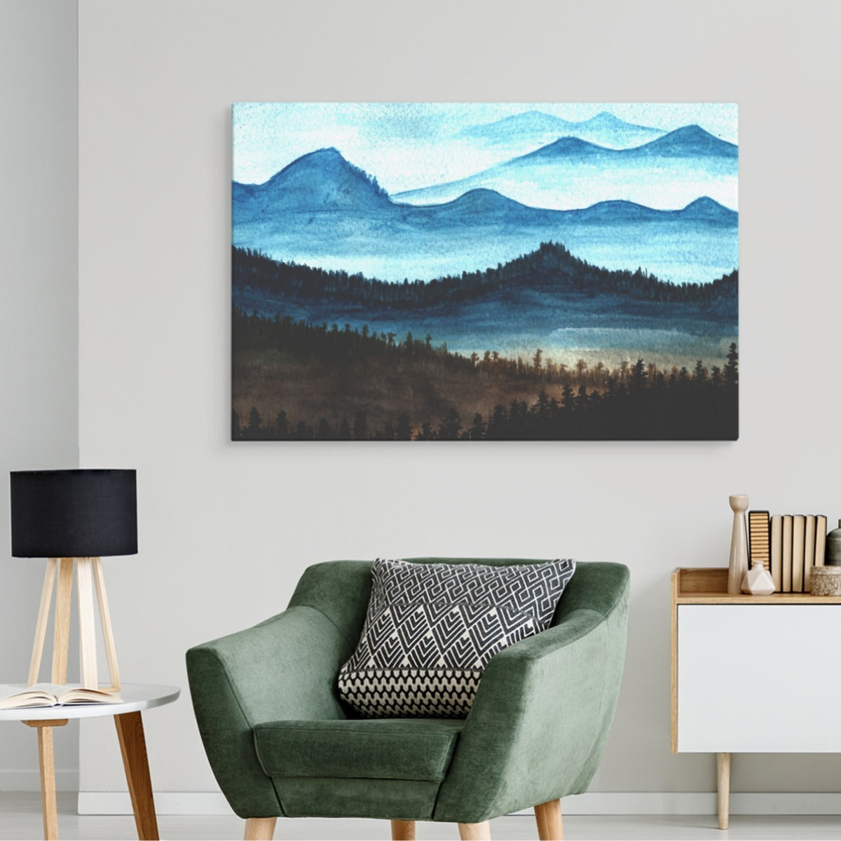 Akvarell fjellandskap med skog