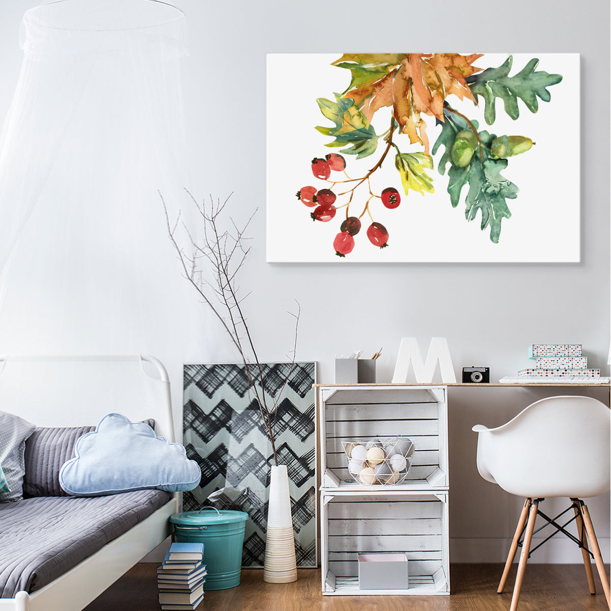 Høstblader og frukt malt i akvarell