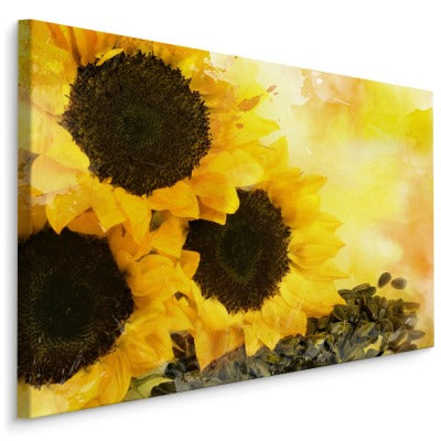 Blomster og solsikkefrø malt i akvarell