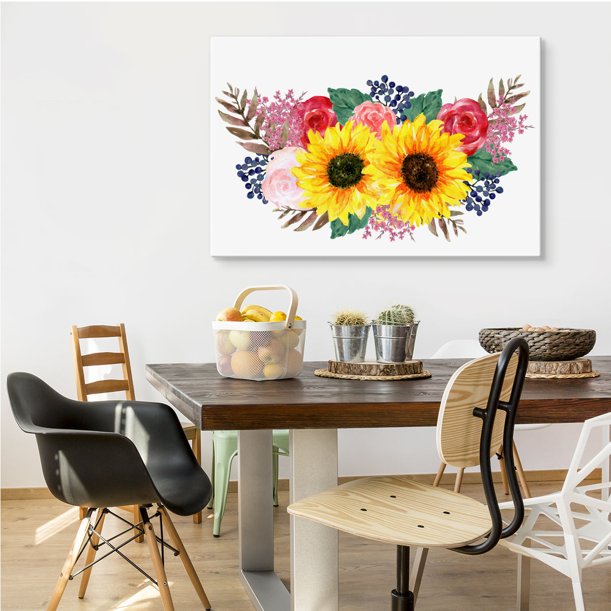 En blomsterkomposisjon malt med akvareller