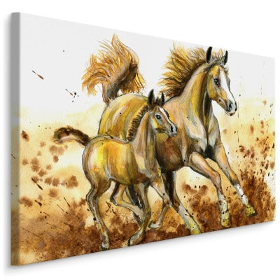 Galopperende hester malt i akvarell