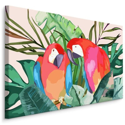 Papegøyer og tropiske blader
