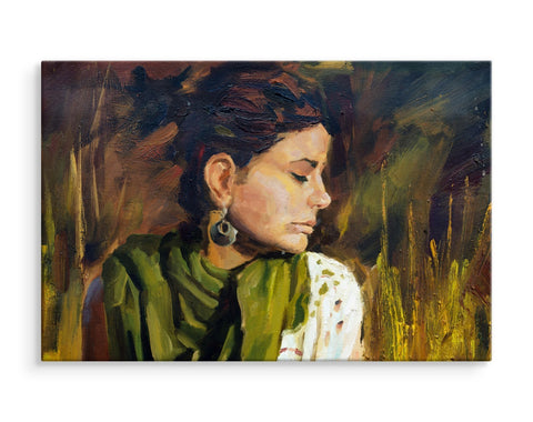 Portrett av en kvinne i grønn-brune farger